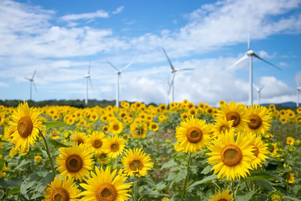 風車の回るひまわり畑