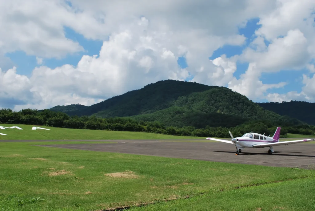 滑走路の上に止まっているプロペラ小型機
