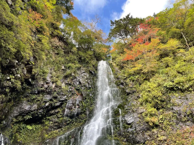 紅葉に染まる山の中をダイナミックに流れ落ちる滝