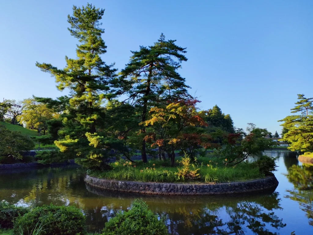 悠久山公園の池と石で囲まれた島